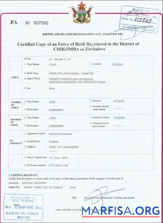 Realistic Zimbabwe birth certificate template in PSD format